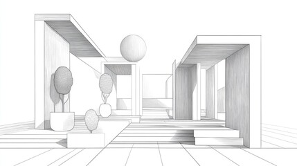 Line art illustration depicting an abstract structure featuring a three dimensional architectural design