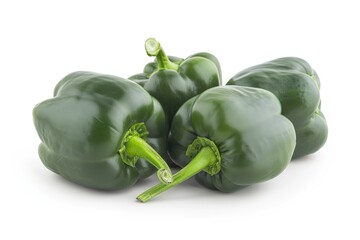 A cluster of green peppers arranged on a clean white surface