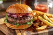 © Vii - A juicy burger and crispy French fries served on a clean cutting board, ready for cooking or serving