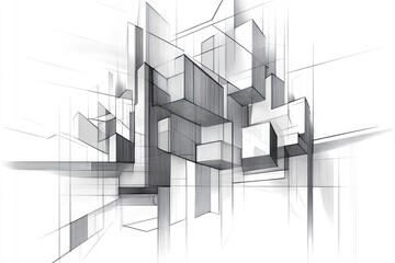 Line art illustration featuring an abstract design on a white background with three dimensional blocks