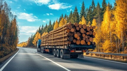 View from the back of a long, heavy, industrial wood carrier cargo vessel truck trailer with large pine, spruce, and cedar trees traveling on a highway against a background of blue sky. Export and shi