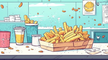 Illustration of a cartoon depicting fish and chips in a line art style