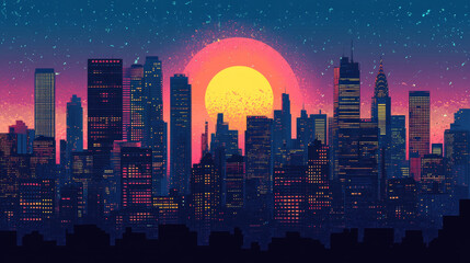 Night modern city with skyscrapers. Pop art retro vector illustration vitch vintage