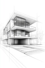 Wall Mural - Line art illustration showcasing a conceptual sketch of architectural house building in a 3D rendering style