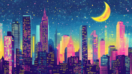 Night modern city with skyscrapers. Pop art retro vector illustration vitch vintage