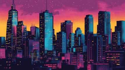 Night modern city with skyscrapers. Pop art retro vector illustration vitch vintage