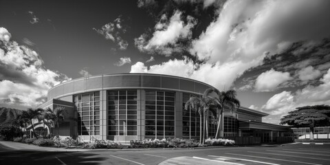 A historic building exterior in monochrome tones