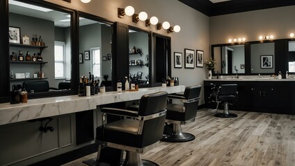 Stylish barbershop with two black-caped chairs.