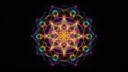 Line art illustration featuring abstract art with surreal symmetry showcasing a fractal circular hypnotic mandala ornament in star flower form created with colorful threads on a black background