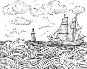 Line art illustration featuring a sea backdrop with waves Hand drawn elements for summer vacations including ships Themes of travel marine life oceanic beauty and beach scenes