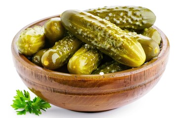 Wall Mural - A wooden bowl filled with pickles next to a sprig of fresh parsley