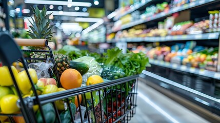 Wall Mural - close-up of a shopping cart overflowing with fresh produce and packaged items in a modern abstract grocery store environment