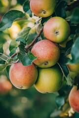 Poster - A group of ripe, red and green apples hanging from the branches amidst green leaves on a sunny day.