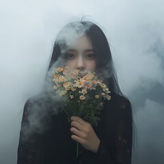 Canvas Print - A woman with long black hair holds a bouquet of flowers in front of her face, surrounded by swirling clouds of fog.