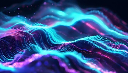 Glowing wave of blue and purple particles in vibrant abstract digital art