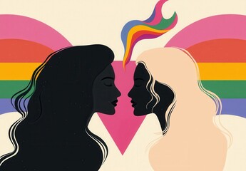 A colorful illustration of two women facing each other, framed by a heart symbol and a rainbow background, celebrating love and diversity.