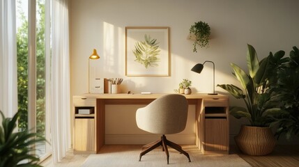 3D rendering of a home office with a wooden desk, cozy chair, and warm lighting, shown on a plain white background for a sleek view