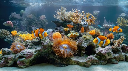 A beautiful aquarium display with a variety of marine species, including clownfish, angelfish, and sea anemones.