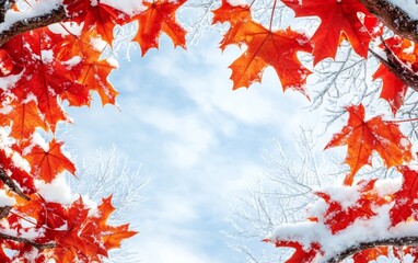 red orange maple leaves dusted with snow framed against a bright winter sky, contrasting the colors 