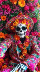 A vibrant skeleton adorned with colorful flowers, celebrating life and tradition in a beautiful floral arrangement.