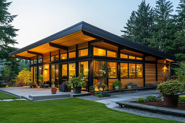 A modern home with large windows and an exterior made of wood, creating an inviting atmosphere. In the background, there is lush green grass and trees, and a small patio area with plants and flowers.