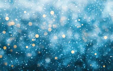 Blur snow blue background. Soft snowfall against a blurred blue background with glowing bokeh lights, creating a peaceful winter ambiance.