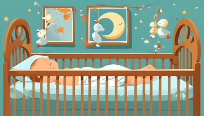 Serene nursery scene with peacefully sleeping baby in a cozy crib, captured in a charming flat design illustration