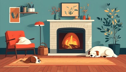 Cozy tranquility in a home with a sleeping dog by the fireplace in a flat design illustration