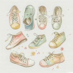 Watercolor illustration of colorful vintage sneakers