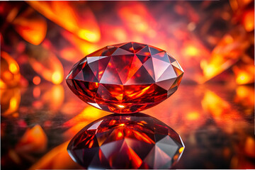 A red diamond is sitting on a table. The diamond is surrounded by a reflection of itself and the table. The image has a warm and inviting mood