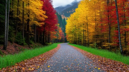 Wall Mural - Peaceful Autumn Roadway with Vibrant Trees Against Majestic Mountains