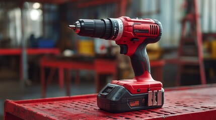 a brand-new wireless drill. The power tool is perched atop a red, metal industrial base.