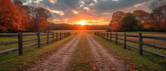 Wall Mural - Rustic Countryside Landscape at Dawn or Dusk with Golden Sun and Gentle Glow.