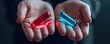 © Cheewynn - A pair of glowing pills, red and blue, held in open palms, illustrating the symbolism of choices in modern medicine, pill decision, healthcare choice concept