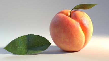 Wall Mural - 3D Rendered Peach with Leaf on White Background, 3D Rendering, Fruit, Still Life