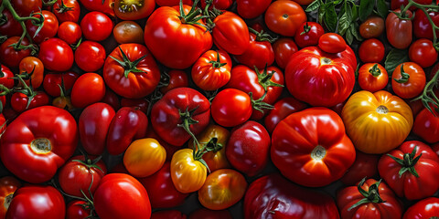 A vibrant mix of red, orange, and yellow tomatoes, ripe and ready for harvest.