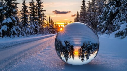 Reflective Sphere Captures Winter Sunset in a Snowy Forest, Lensball, Winter Wonderland, Sunset Photography