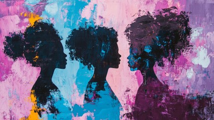 Three Silhouettes in Abstract Color, Oil on Canvas, Silhouettes of three women, colorful abstract background, female portrait, abstract art, oil painting