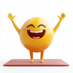 Wall Mural - A 3D cartoon emoji stretching its arms, with a yoga mat and peaceful smile, symbolizing wellness through physical activity, on a white background