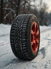 Red car with winter tires on snowy road.