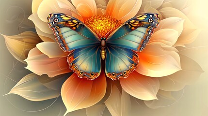 Wall Mural - A colorful butterfly with blue wings rests on a large orange flower with petals.