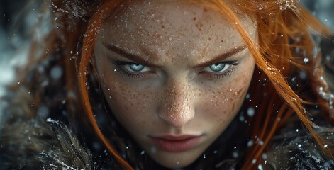 A captivating warrior with fiery red hair and piercing blue eyes stares fiercely into the distance. Snowflakes swirl around, enhancing the dramatic atmosphere of the winter scene.