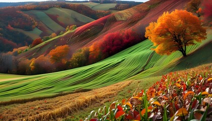 Wall Mural - Autumnal hillside showcasing vibrant leaf transitions with lush fields brimming with the harvests bounty