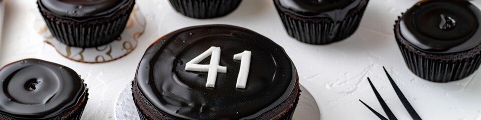 Wall Mural - A minimalist birthday cake with the number 41 in sleek black icing, set on a modern white background.