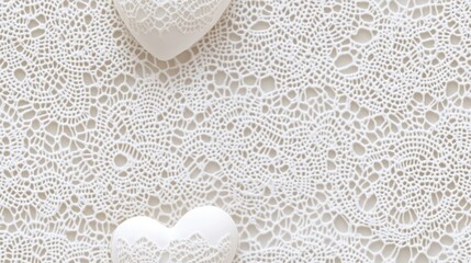 Full frame image of two white hearts on a seamless lace pattern with a white background and ample copy space