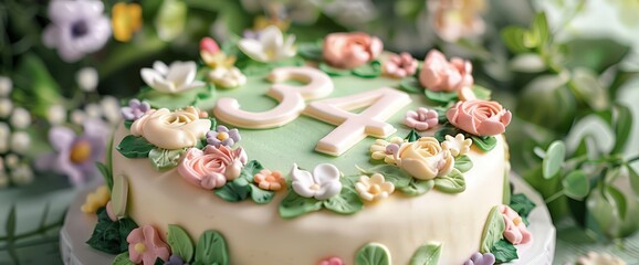 Wall Mural - A garden-themed birthday cake with the number 34 in pastel icing, adorned with flowers and greenery on a garden background.