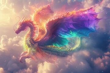 Wall Mural - A colorful dragon with rainbow wings flying through the sky