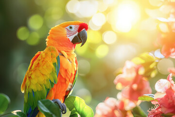 Wall Mural - Vibrant parrots and tropical flowers create stunning scene filled with color and life. bright feathers of parrot contrast beautifully with soft blooms, evoking sense of joy and tranquility