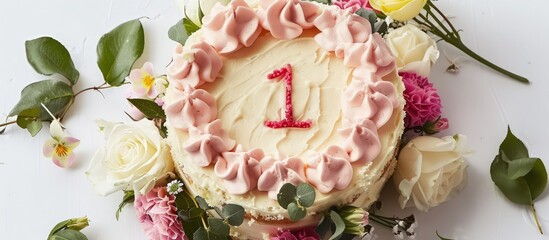 Wall Mural - A floral birthday cake with the number 11 in pastel pink icing, adorned with fresh flowers on a white background.