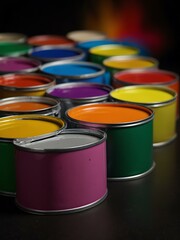 Row of paint cans in rainbow colors on a black background.